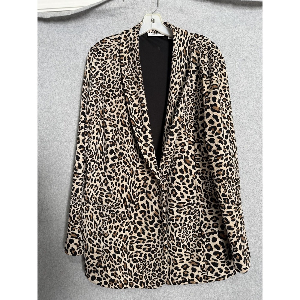 Susan Graver Jacket Womens XL Beige Leopard Print Button Front Pockets Stretch